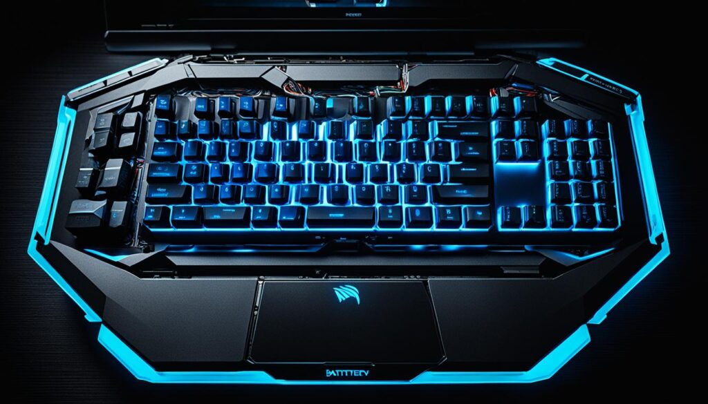 gaming laptop with illuminated keyboard and mouse
